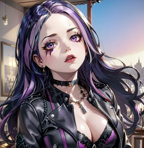 2 tone black and purple hair Avril lavigne,  big boobs ,leather jacket, red lips, no face paint, pouty lips,an animated artwork shows the headless woman,morgana,camilla,liliana,helena,leblanc,nyx,Anim