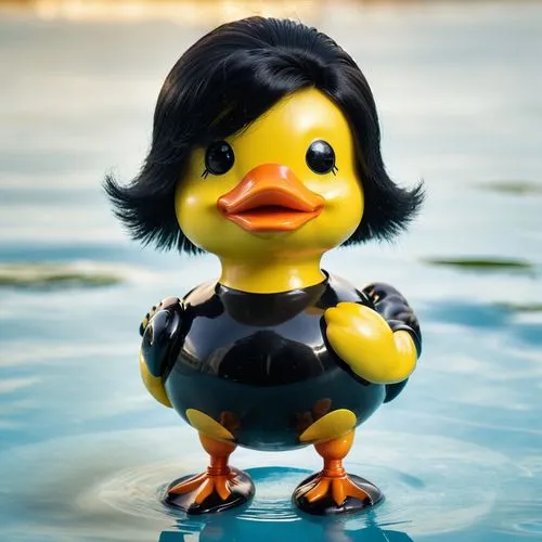 cgi image of a yellow rubber duck with a black wig, black lipstick, black eyes with eyelashes, and black beak/bill, black full body latex outfit with ring,rubber duckie,rubber duck,female duck,rubber 