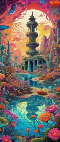 futuristic landscape,lagoon,acid lake,fantasy landscape,mushroom landscape,koi pond,fantasy world,oasis,world digital painting,temples,alien world,utopian,bird kingdom,fantasy city,feng shui,water lotus,asian vision,chinese temple,3d fantasy,dream world,Illustration,Realistic Fantasy,Realistic Fantasy 39