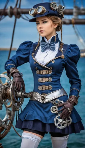 girl, Ocean Academy, detailed costume, silver and navy blue,steampunk,kantai collection sailor,the sea maid,sailor,delta sailor,nautical star,steampunk gears,nautical,nautical colors,nautical banner,p