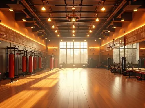 Modern gymnasium interior, warm golden color scheme, bright LED lights, polished wooden floors, athletic equipment, basketball hoops, punching bags, exercise machines, mirrored walls, motivational quo