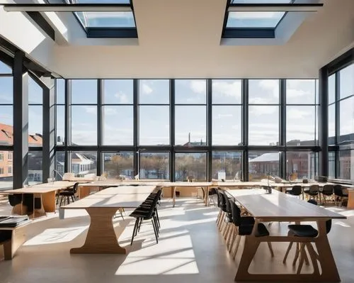 Aarhus School of Architecture, modern Scandinavian design, futuristic building, sustainable materials, green roof, large glass windows, minimalist interior, wooden accents, natural light, open floor p