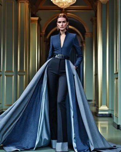 قماش اسود بنطلون ,a woman with a blue and gray dress standing in front of columns,imperial coat,ceremonials,a floor-length dress,tilda,siriano,charlize