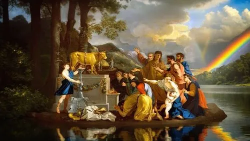 rainbow on the sky, reflection in the waters,this is a painting with people and animals in it,baptism of christ,noah's ark,bible pics,fantasy picture,nativity of jesus,birth of christ