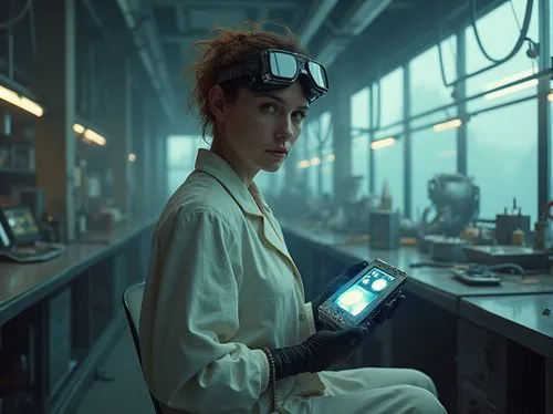 Futuristic laboratory, mountainous scenery, solo scientist, (30yo), worn-out lab coat, goggles on forehead, messy brown hair, intense gaze, holding a futuristic device, metallic components, neon light