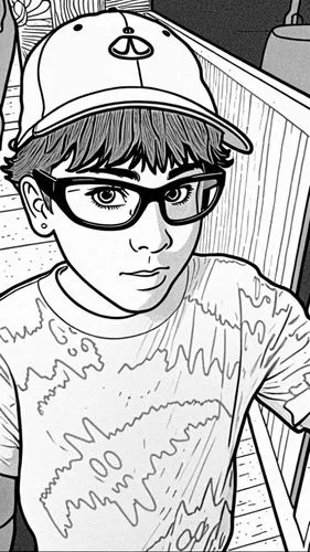 cartoon character with glasses on sitting in bench,pixton,comic halftone woman,coloring pages kids,comic halftone,umezu,comic style,Design Sketch,Design Sketch,Rough Outline