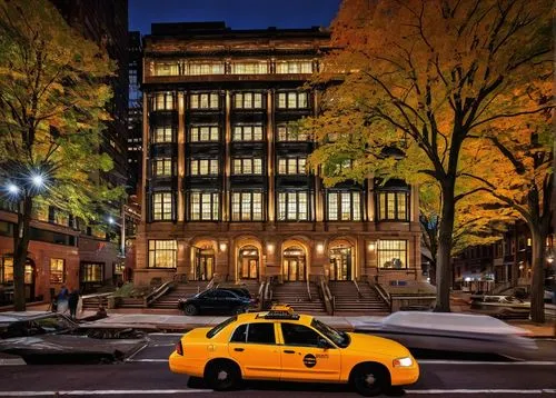 Architectural designs, Pittsburgh, PA, modern skyscraper, steel structure, glass facade, sleek lines, urban cityscape, busy streets, yellow cabs, autumn trees, brick alleys, historic landmarks, grand 