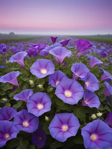 Write a serene poem about a purple morning glory's delicate bloom.,purple morning glory flower,pink morning glory flower,petunias,morning glories,violet flowers,balloon flower,pink periwinkles,purple 