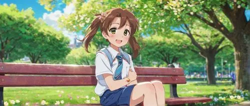 yui hirasawa k-on,euphonium,sitting on a chair,azusa nakano k-on,girl sitting,haruhi suzumiya sos brigade,park bench,tsumugi kotobuki k-on,sitting,bench,aomoriya,himuto,miku maekawa,mikuru asahina,ramune,azuki bean,torii,anime 3d,in the park,koto,Illustration,Japanese style,Japanese Style 02