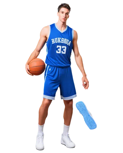 male basketball player, athletic build, muscular arms, sweat drips from forehead, messy short hair, intense gaze, wear Nike shoes, white socks, blue basketball jersey, holding basketball, dynamic pose