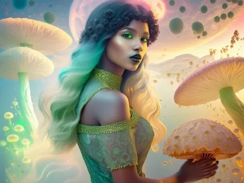 nude Beautiful nigerian girl, full dark curly hair, big green almond eyes, full black lips, misty sky,the girl is holding some green mushrooms in her hand,faerie,amanita,faery,mycena,agaric,agarics,Il