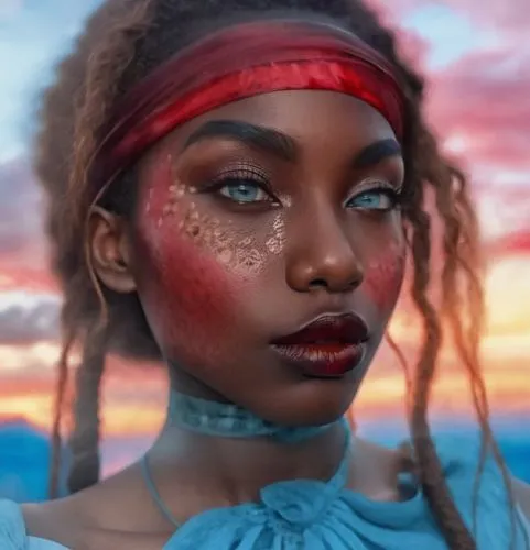 Beautiful nigerian girl, full dark curly hair, big dark almond eyes, full red lips, misty sky,a black woman with makeup painted in red and blue,azilah,maliana,red skin,mystical portrait of a girl,nubi