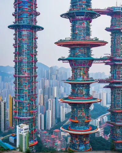 Imagine a futuristic Chongqing skyline with advanced technology.,shanghai,futuristic landscape,urban towers,chinese architecture,kowloon,futuristic architecture,taipei,hong kong,power towers,chongqing