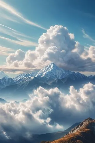 cloud mountains,cloud mountain,mountain landscape,above the clouds,sea of clouds,mountain scene,mountainous landscape,landscape background,landscape mountains alps,cloudscape,snow mountains,cumulus cloud,mountain tundra,high alps,over the alps,fantasy landscape,cumulus clouds,chinese clouds,mountains,the alps,Conceptual Art,Sci-Fi,Sci-Fi 06
