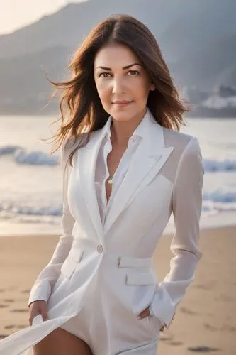 Mulher de cabelos longos ondulados castanhos, olhos castanhos,  usando vestido branco  transparente em uma praia deserta ao pôr do sol,beach background,social,beyaz peynir,malibu,white coat,menswear f