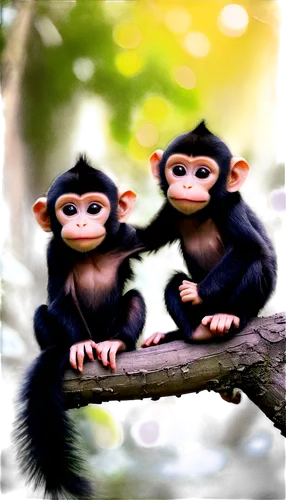 Mono monkeys, two, cute, furry, white faces, big round eyes, small noses, black fur, long tails, sitting, holding hands, playful, tropical forest, warm sunlight, 3/4 composition, soft focus, vibrant c