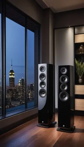 Sonance architectural speakers, modern living room, sleek design, black gloss finish, silver accents, floor-standing tall speakers, slender shape, rounded edges, premium materials, textured grille clo