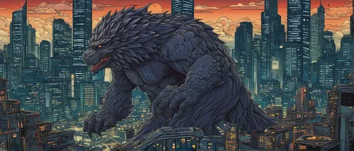 godzilla,sci fiction illustration,giant schnauzer,king kong,sentinel,shinjuku,basilisk,dragon of earth,kong,new world porcupine,ursa,black shepherd,nine-tailed,district 9,gargoyle,griffon bruxellois,drexel,cityscape,skycraper,bear guardian,Illustration,Japanese style,Japanese Style 15