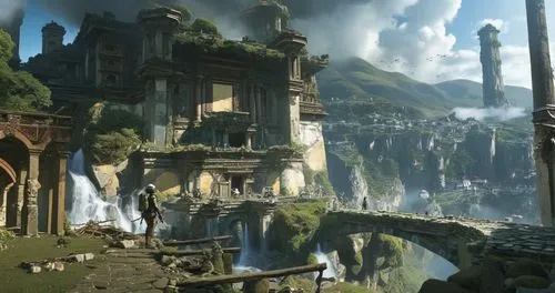 an abandoned city with people walking over it,rivendell,gondolin,cryengine,riftwar,dishonored,crytek,arenanet,theed,platforming,citadels,labyrinthian,skylands,hinterlands,ancient city,fantasy landscap