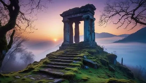 celtic cross,fairy chimney,scottish folly,foggy landscape,castle ruins,the ruins of the,ruined castle,winding steps,stone towers,northern ireland,greek temple,ireland,mystical,the pillar of light,scotland,love in the mist,ghost castle,the mystical path,stone tower,resting place,Conceptual Art,Daily,Daily 11