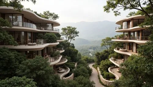 interlace,balconies,hushan,tigers nest,terraces,hanging houses,treehouses,amanresorts,block balcony,apartment complex,apartment blocks,apartment block,tree house hotel,futuristic architecture,fallingwater,ecovillages,balconied,danyang eight scenic,apartment building,residential tower