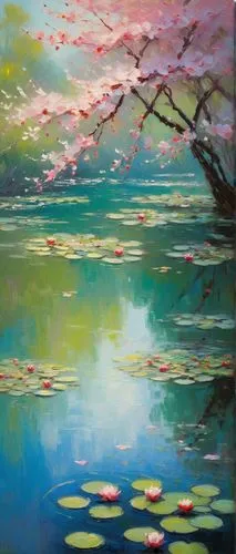 pink water lilies,water lilies,spring lake,sakura trees,the cherry blossoms,koi,koi pond,sakura blossom,evening lake,芦ﾉ湖,river landscape,nymphaea,sakura blossoms,cherry blossoms,lotuses,sakura tree,oil on canvas,pond flower,painting technique,spring blossoms,Art,Classical Oil Painting,Classical Oil Painting 44