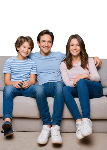 Happy family, casual wear, mother (30s), father (35s), son (10yo), daughter (8yo), smiling faces, natural makeup, messy hair, casual shirts, jeans, sneakers, relaxed posture, sitting on couch, warm li