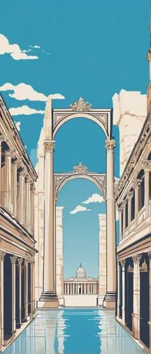 Ancient Roman-inspired architectural designs, modern buildings, columns, arches, domes, ornate carvings, marble textures, grandiose scale, symmetrical compositions, bright natural light, urban citysca