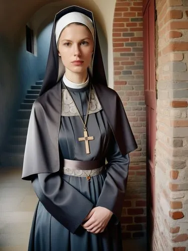 Hildegard, the day before her consecration as a nun in the idyllic monastery of Bingen, with a thoughtful look on her face as she prepares for the next step on her spiritual path.,woman in nun dress s