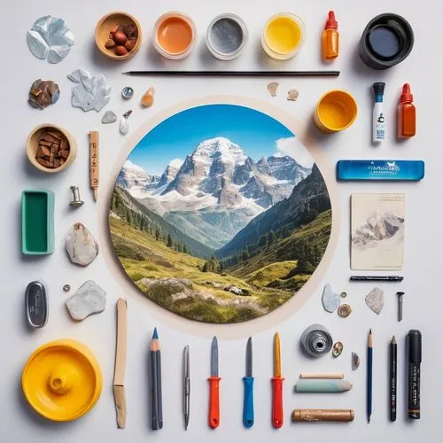 hiking equipment,art tools,icon magnifying,pencil icon,dolomiti,matterhorn,zermatt,painting technique,flat lay,himalayas,flatlay,patagonia,mountain world,food collage,camping equipment,himalaya,music instruments on table,eiger,art materials,summer flat lay,Unique,Design,Knolling