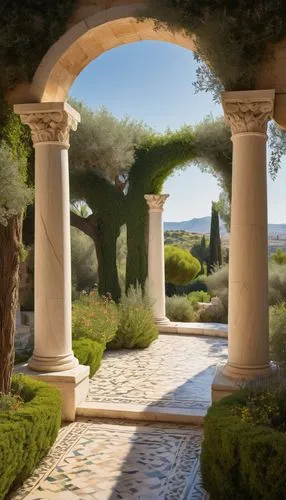 Mediterranean architecture, ancient Greek temple, white marble columns, ornate carvings, curved arches, blue domed roof, intricate mosaics, lush greenery, blooming flowers, olive trees, winding stone 