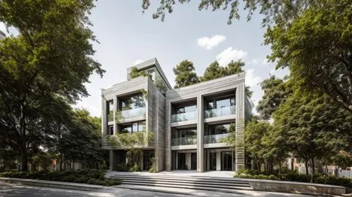 a long building that is surrounded by trees,shenzhen vocational college,technion,gulbenkian,kaist,metaldyne,yonsei,Architecture,Villa Residence,Modern,Unique Simplicity