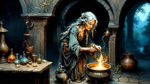 there is a wizard with her pot and candles,gandalf,dwarf cookin,the wizard,candlemaker,raistlin,sorcerer