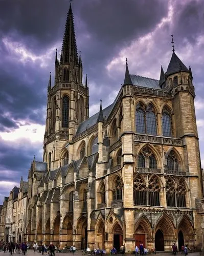 Medieval France, Gothic architecture, grand cathedral, intricate stone carvings, stained glass windows, pointed arches, ribbed vaults, flying buttresses, ornate sculptures, granite walls, steeples, be