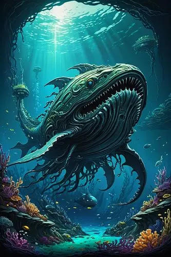 marine reptile,deep sea nautilus,kraken,deep sea,cuthulu,underwater background,undersea,nautilus,sea animal,underwater landscape,deep sea fish,underwater world,marine animal,god of the sea,sea monsters,sea life underwater,coelacanth,under sea,under the sea,merman,Illustration,Realistic Fantasy,Realistic Fantasy 25