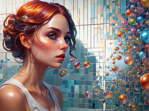 transistor,sci fiction illustration,world digital painting,spheres,girl with speech bubble,meticulous painting,soap bubbles,bubbles,colorful balloons,game illustration,fantasy art,fantasy portrait,colorful foil background,shower of sparks,bubble blower,disco ball,fractals art,think bubble,prism ball,transistor checking,Conceptual Art,Fantasy,Fantasy 01