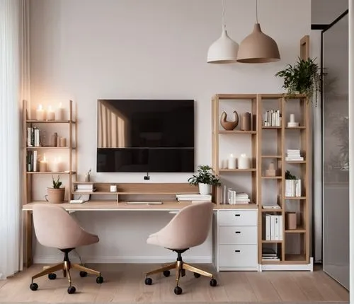 an interior space with a desk, chair and shelf,modern office,desk,office desk,working space,blur office background,creative office,Photography,General,Realistic