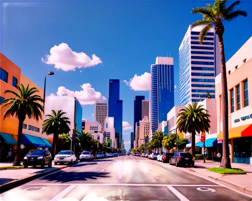 Cityscape, Los Angeles, 4K resolution, urban landscape, daytime, clear blue sky, fluffy white clouds, skyscrapers, modern architecture, busy streets, cars moving, palm trees lining sidewalk, sunny wea