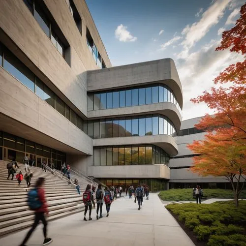 Modern college building, NJIT campus, Brutalist architecture style, grey concrete walls, large windows, angular lines, futuristic design elements, students walking in foreground, backpacks and laptops