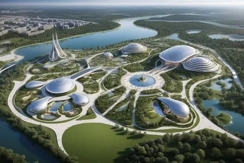 Genplan, general plan, landscape design plan, park, amusement park, Church, lakes, factories, Zaha hadid design, futuristic,,an artistic rendering of a futuristic landscape with domes,ecotopia,futuris