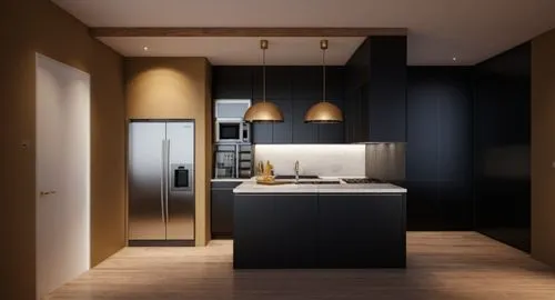 cocina estilo italiana con acabados de lujo, encimera de cuarzo negro,a kitchen with wooden floor and cabinets,modern kitchen interior,dark cabinetry,dark cabinets,modern minimalist kitchen,kitchen de