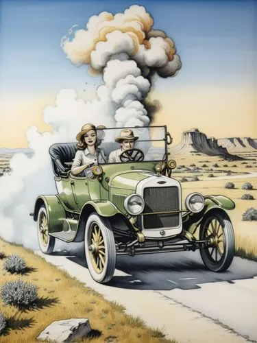 Comic drawing in the style of Roy Lichtenstein: Mrs. Clara Jane Ford is at the center of the action. She is driving a Ford (Model T) through a Texan landscape, its dark green paint reflecting the brig