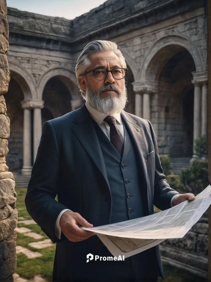 Historical architect, middle-aged man, grey hair, glasses, beard, formal suit, tie, holding blueprints, standing in front of a grand, ancient-style building, stone walls, Roman columns, intricate carv