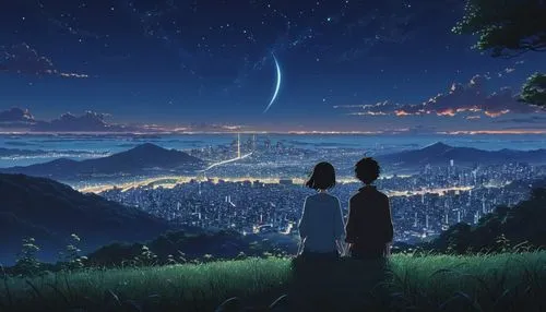 the moon and the stars,studio ghibli,moon and star background,dream world,moonlight,moon and star,fantasia,starlight,fireflies,starry sky,clear night,night stars,stargazing,falling stars,stars and moon,romantic scene,lunar,the stars,overlook,earth rise,Illustration,Japanese style,Japanese Style 05