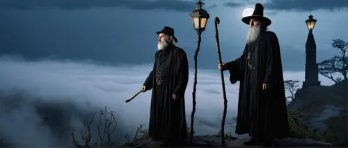 Dark Tower Cuthbert, mysterious old man, long white beard, worn black robes, pointed hat, holding wooden cane, standing at the edge of a cliff, misty fog surrounding, abandoned dark tower in the backg