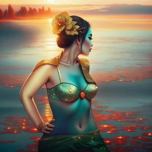 An amazing nude japanese young woman  with red lips and green eyes,a painting of a woman wearing an oriental style costume,amphitrite,nereids,mermaid background,fantasy art,the sea maid,atlantica,Illu