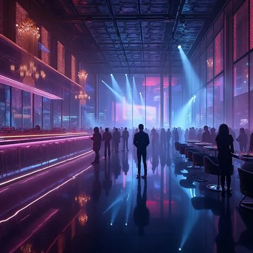 nightclub,bladerunner,cyberpunk,cybercity,cyberscene,neon coffee,colored lights,vapor,polara,atmospheres,atmosfera,nightlife,futuristic art museum,noncorporate,cityscape,cyberworld,metropolis,ultraviolet,neon light,futuristic landscape,Photography,General,Realistic