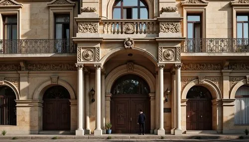 Ornate Renaissance-style building facade, intricately carved stone columns, ornamental balustrades, grandiose archways, rusticated quoins, classical pediments, glazed terracotta tiles, decorative corn