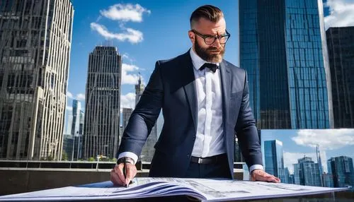 Lievable Schreiber, male, mature, beard, glasses, suit, white shirt, black tie, leather shoes, holding blueprints, standing, architectural digest magazine cover, modern skyscraper, cityscape, sunny da