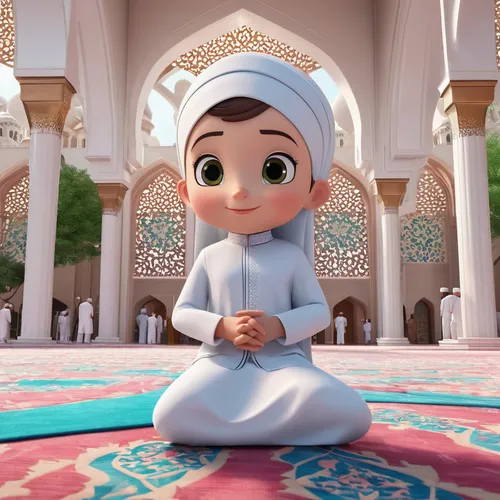 Describe the atmosphere inside a bustling mosque during Friday prayers.,cute cartoon character,boy praying,girl praying,ramadhan,cute cartoon image,ramadan background,jilbab,islamic girl,fatima,shia,a